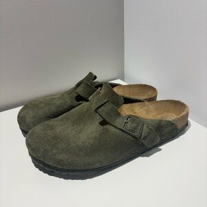 Birkenstock Olive Suede Slip-On Clogs with Buckle